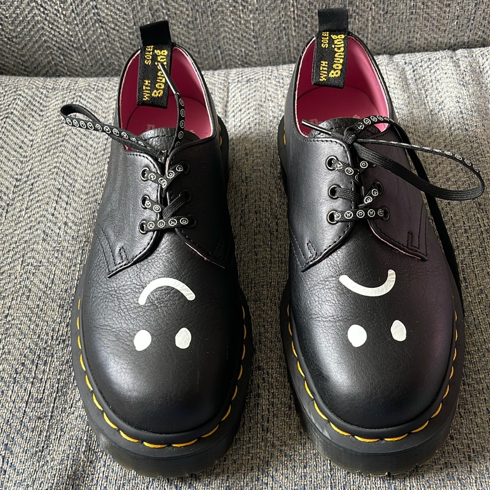 Dr. Martens Black Leather Lace-Up Oxfords with White Graphic & Yellow Stitching
